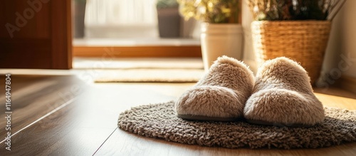 Cozy slippers in a welcoming home entryway setting creating a warm and relaxing atmosphere for indoor comfort and tranquility