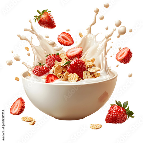  strawberry crunch ceareal from a top view with splashing milk exlpoding out, isolated on transparent background
 photo