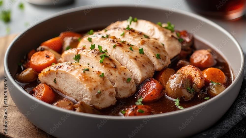 Cooked white chicken breast slices in red wine sauce served with assorted vegetables on a rustic wooden table Cooked white chicken breast slices in red wine sauce served with assorted vegetables on a rustic wooden table