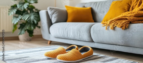 Cozy yellow slippers beside a gray plush sofa in a stylish living room exuding warmth and inviting comfort indoors