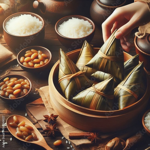 Rice Dumplings Zongzi – Eating rice dumplings wrapped in bambo photo