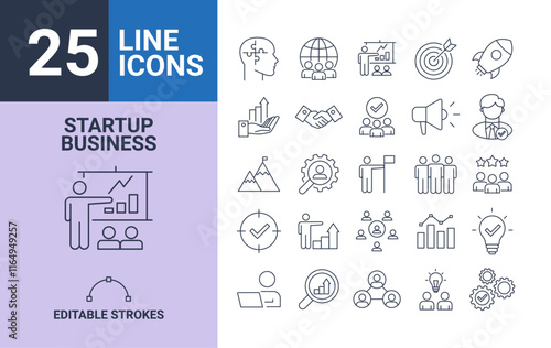 Set of 25 startup business icons with editable stroke.