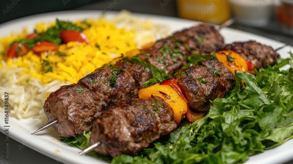 Grilled meat kabob skewers on a plate with fresh salad and colorful toppings for a vibrant dining experience Grilled meat kabob skewers on a plate with fresh salad and colorful toppings for a vibrant dining experience