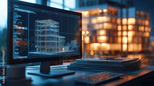 A Modern architectural workspace with computer displaying building model, showcasing creativity and design