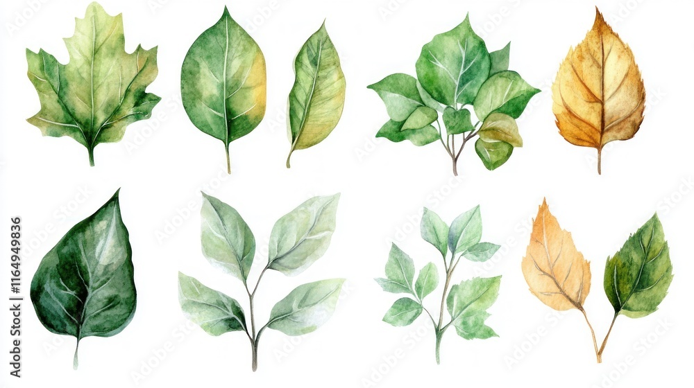 Fototapeta premium Watercolor Illustration of Green and Yellow Autumn Leaves