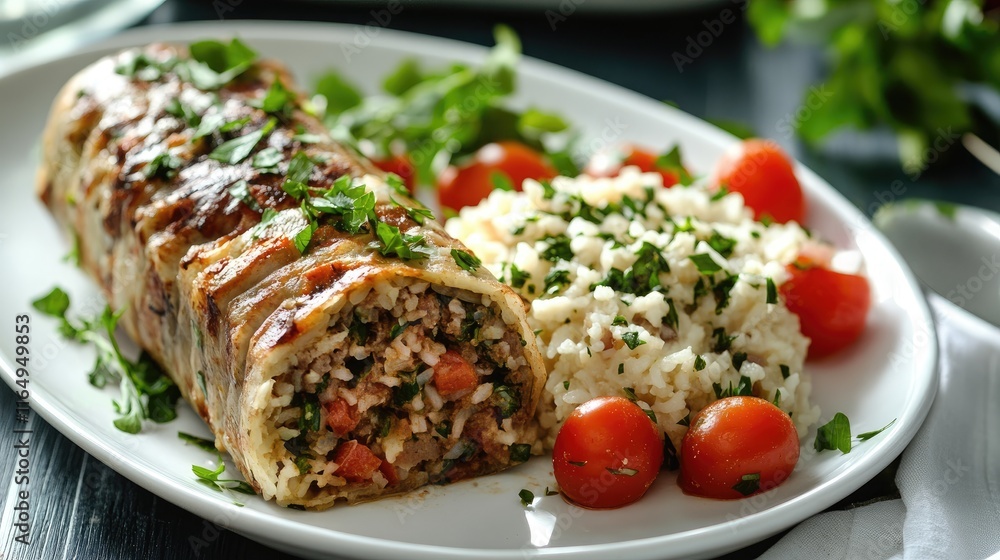 Almond rice stuffed with cooked meat served with tomato and baba ghanoush salad on a white plate over a dark table setting Almond rice stuffed with cooked meat served with tomato and baba ghanoush salad on a white plate over a dark table setting