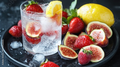 Refreshing cocktail with ice garnished with lemon strawberries and figs on a dark plate showcasing vibrant fruits and bubbles photo