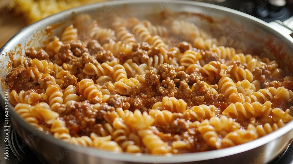 Cook Making Delicious Pasta with Hearty Minced Meat Sauce in a Stainless Steel Pan on the Stovetop Cook Making Delicious Pasta with Hearty Minced Meat Sauce in a Stainless Steel Pan on the Stovetop