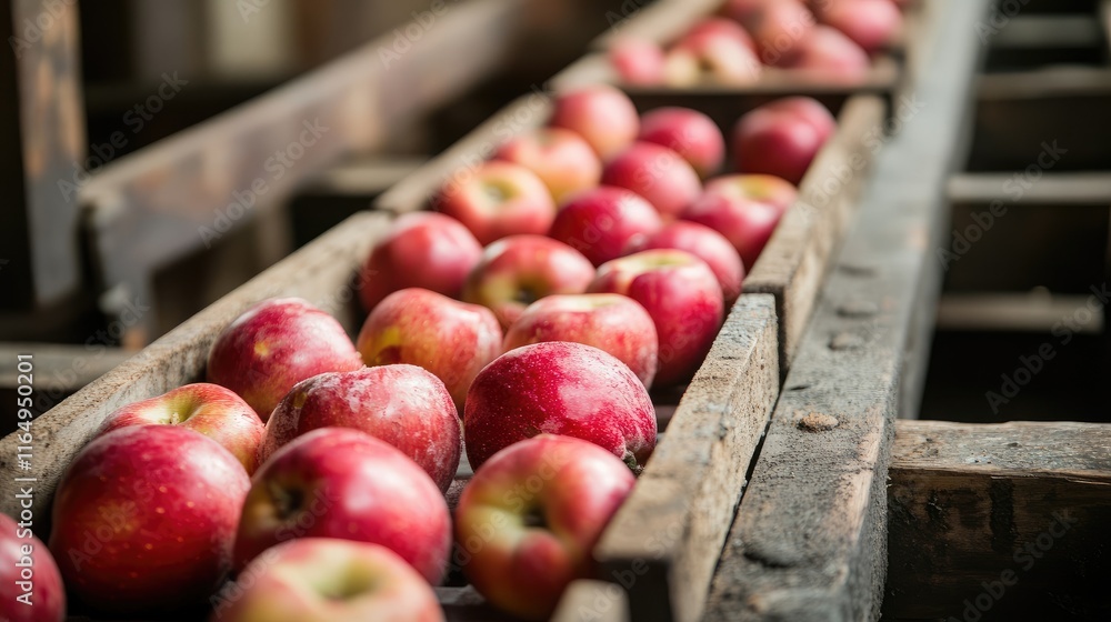 Conveyor belt filled with fresh red apples ready for sorting and processing in a farm or food production facility Conveyor belt filled with fresh red apples ready for sorting and processing in a farm or food production facility