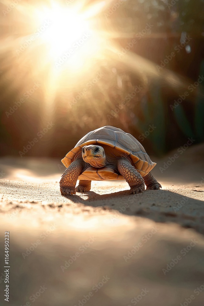 A desert tortoise walking slowly across a sunlit sand dune, framed by cacti in the background A desert tortoise walking slowly across a sunlit sand dune, framed by cacti in the background