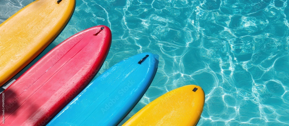 Vibrant swimming boards arranged by a clear blue pool ideal for summer enjoyment and leisure activities Vibrant swimming boards arranged by a clear blue pool ideal for summer enjoyment and leisure activities