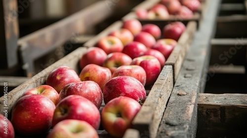 Conveyor belt filled with fresh red apples ready for sorting and processing in a farm or food production facility photo