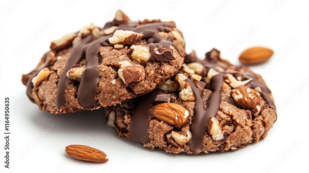 Decadent Chocolate Nut Cookies Freshly Baked with Almonds and Drizzled Chocolate on a Clean White Background Decadent Chocolate Nut Cookies Freshly Baked with Almonds and Drizzled Chocolate on a Clean White Background