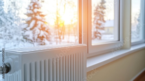 Wallpaper Mural Modern Electric Radiator Heater Providing Comfort and Warmth During Cold Weather with Snowy Landscape Outside Through Window Torontodigital.ca
