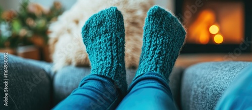 Cozy close up of a woman relaxing at home in warm socks with a glowing fireplace creating a comfortable lifestyle atmosphere
