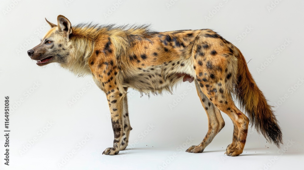 Obraz premium A side profile of a spotted hyena showcasing its distinctive fur and posture.