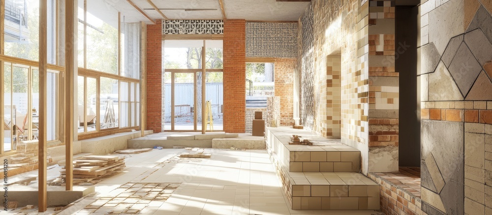 Modern construction site with brick and ceramic tile walls highlighting ongoing flooring and glass installation in natural light Modern construction site with brick and ceramic tile walls highlighting ongoing flooring and glass installation in natural light
