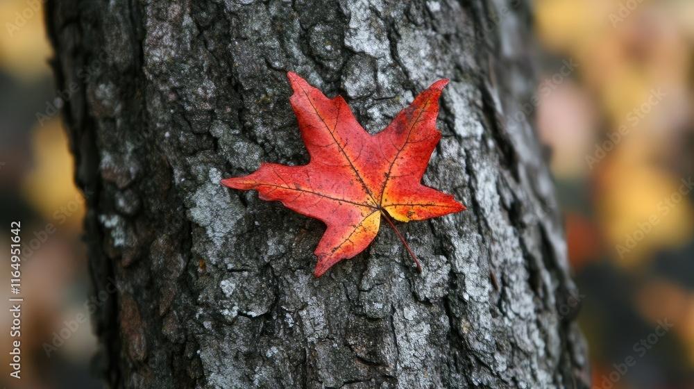 Autumn leaf on tree bark representing natural growth and seasonal change in a serene outdoor environment Autumn leaf on tree bark representing natural growth and seasonal change in a serene outdoor environment
