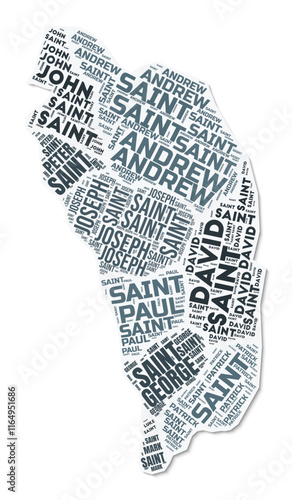 Dominica shape text cloud. Country border with shadow on white background. Dominica with regions division in vintage gazette style. Elegant vector illustration.