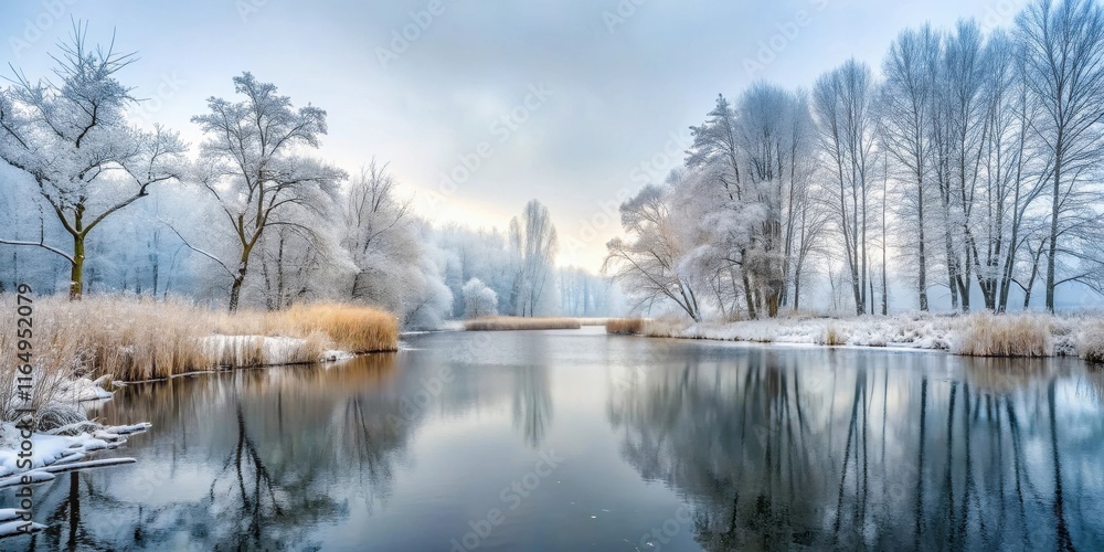 Serene winter landscape reflecting in calm water, snow-covered trees and tranquil atmosphere. Serene winter landscape reflecting in calm water, snow-covered trees and tranquil atmosphere.