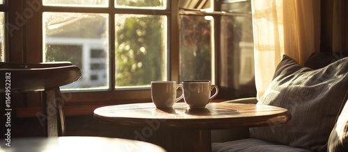 Wallpaper Mural Cozy coffee corner featuring spacious table, warm sunlight, and inviting mugs perfect for relaxation and enjoyment in a homely setting Torontodigital.ca