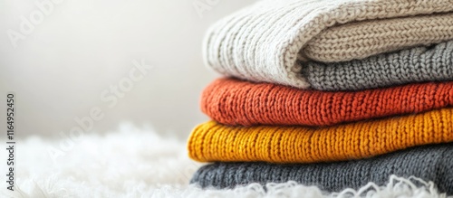 Warm knitted sweaters stacked neatly on a white background ideal for showcasing cozy winter fashion and textile trends.
