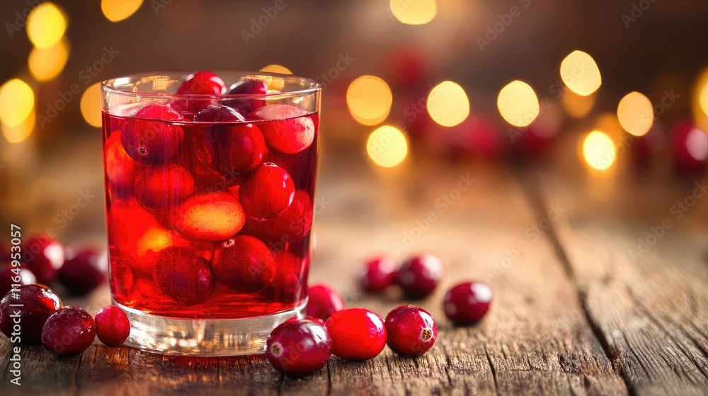Festive cranberry cocktail served in a glass on a rustic wooden bar with bokeh lighting creating a warm and inviting atmosphere. Festive cranberry cocktail served in a glass on a rustic wooden bar with bokeh lighting creating a warm and inviting atmosphere.