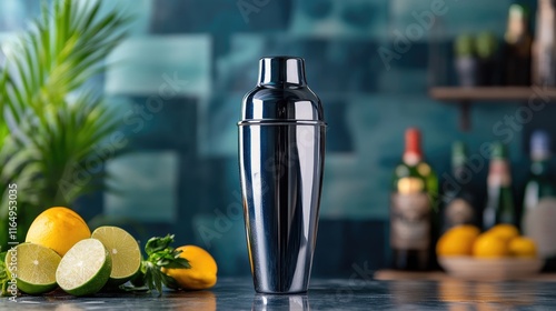 Sleek cocktail shaker on a bar counter surrounded by fresh citrus fruits and a backdrop of blurred bottles and greenery photo