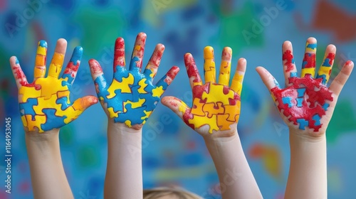 Colorful Puzzle Hands Symbolizing Autism Awareness and Children's Support on Bright Background Conceptual Illustration