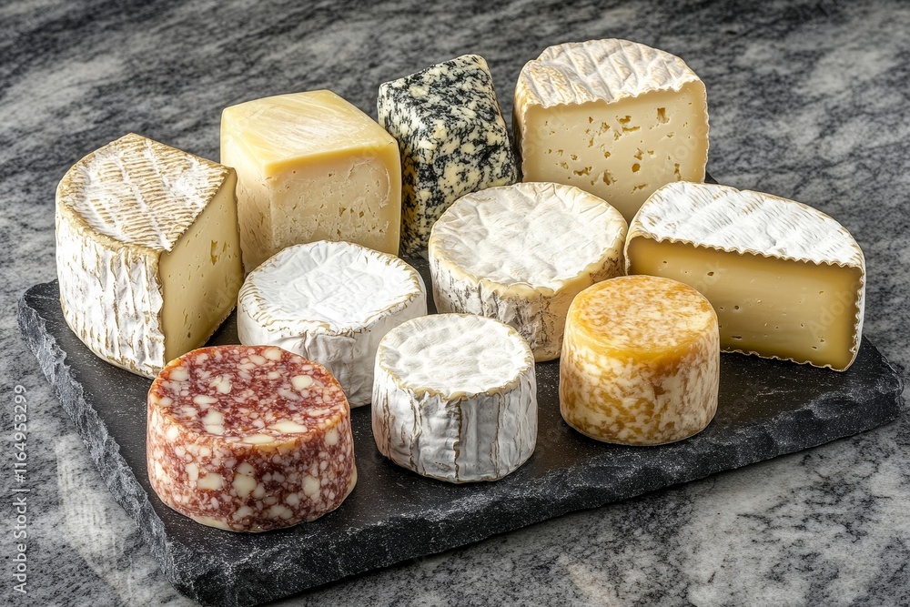 Assorted cheeses and salami on slate board. Assorted cheeses and salami on slate board.