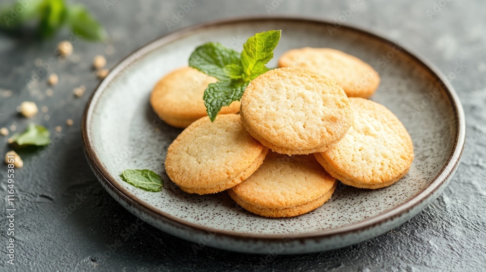 Cookies on a rustic plate garnished with fresh mint leaves perfect for a cozy coffee break or inviting dessert presentation Cookies on a rustic plate garnished with fresh mint leaves perfect for a cozy coffee break or inviting dessert presentation