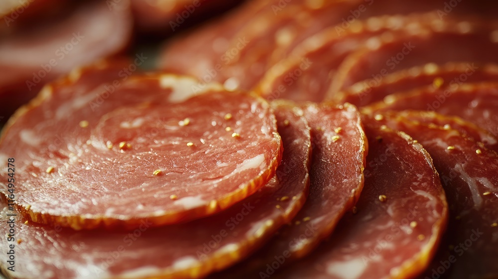 Close up of sliced cured meats arranged on a conveyor belt showcasing their rich textures and appetizing details Close up of sliced cured meats arranged on a conveyor belt showcasing their rich textures and appetizing details