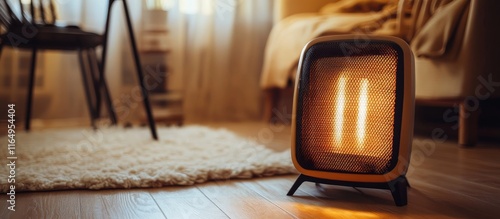 Cozy electric space heater on wooden floor enhancing winter warmth and comfort in a stylish home interior setting