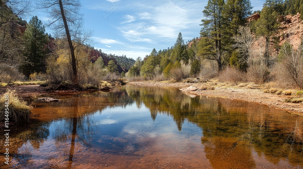 Tranquil Creek in a Scenic Landscape Reflecting Lush Green Trees Under a Clear Blue Sky Tranquil Creek in a Scenic Landscape Reflecting Lush Green Trees Under a Clear Blue Sky
