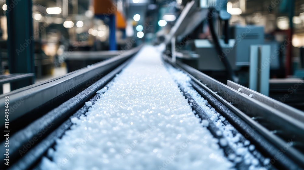 Conveyor Belt Transporting White Sugar Crystals in Factory Setting with Industrial Equipment and Soft Lighting Conveyor Belt Transporting White Sugar Crystals in Factory Setting with Industrial Equipment and Soft Lighting