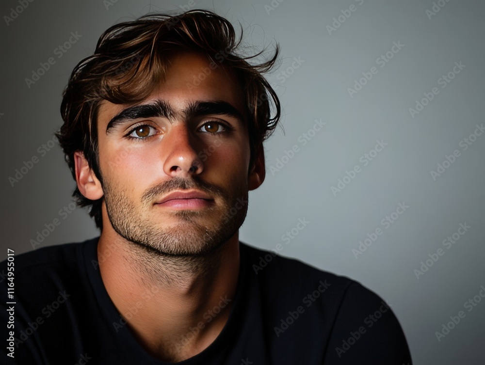 Fototapeta premium A close-up portrait of a young man with a thoughtful expression against a neutral background.