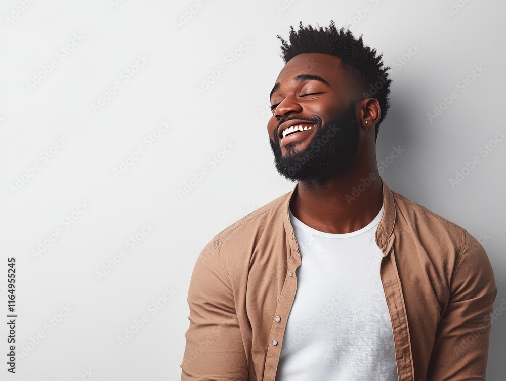 Obraz premium A smiling man with a beard, exuding confidence and joy against a neutral background.