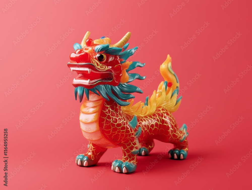 Fototapeta premium A colorful dragon figurine with vibrant details against a red background.