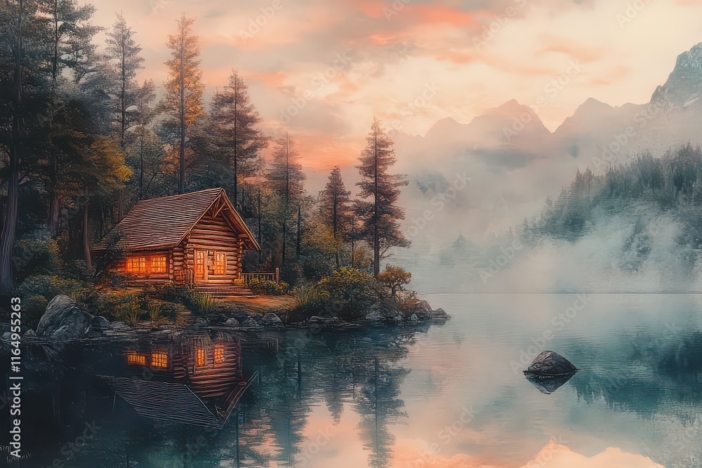 Obraz premium Serene Wooden Cabin by Misty Lake at Dawn