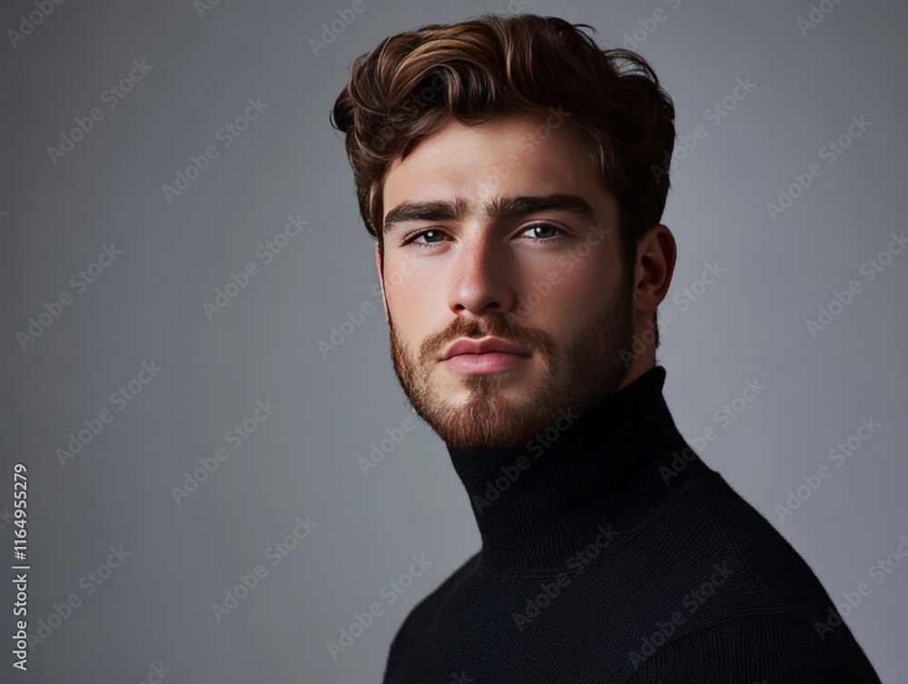 Fototapeta premium A portrait of a young man with a beard and stylish hairstyle, wearing a black turtleneck.