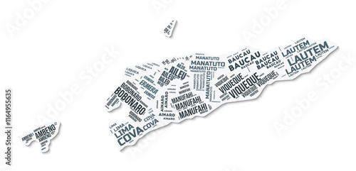 Timor-Leste shape text cloud. Country border with shadow on white background. Timor-Leste with regions division in vintage gazette style. Creative vector illustration.