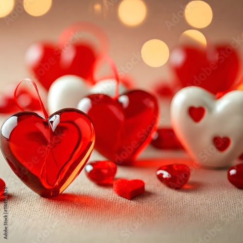 Romantic still life with vibrant red and white heart decorations, shimmering against a warm, glowing bokeh background