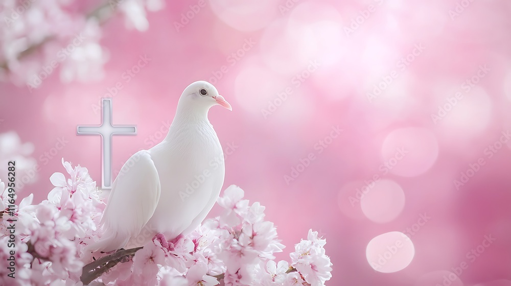 White Dove Peace Symbol Amidst Blossoming Cherry Branches White Dove Peace Symbol Amidst Blossoming Cherry Branches