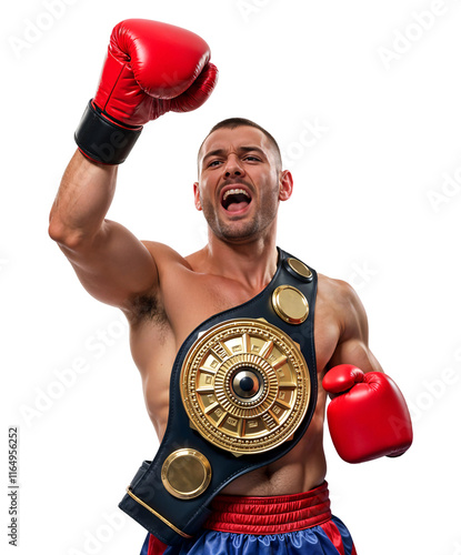 Excited Russian boxer with a championship belt after a win, isolated photo