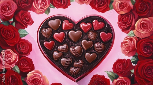 Gourmet heartshaped chocolates in a glossy box, framed by fresh red roses on a smooth pink background, elegant and celebratory Valentine theme