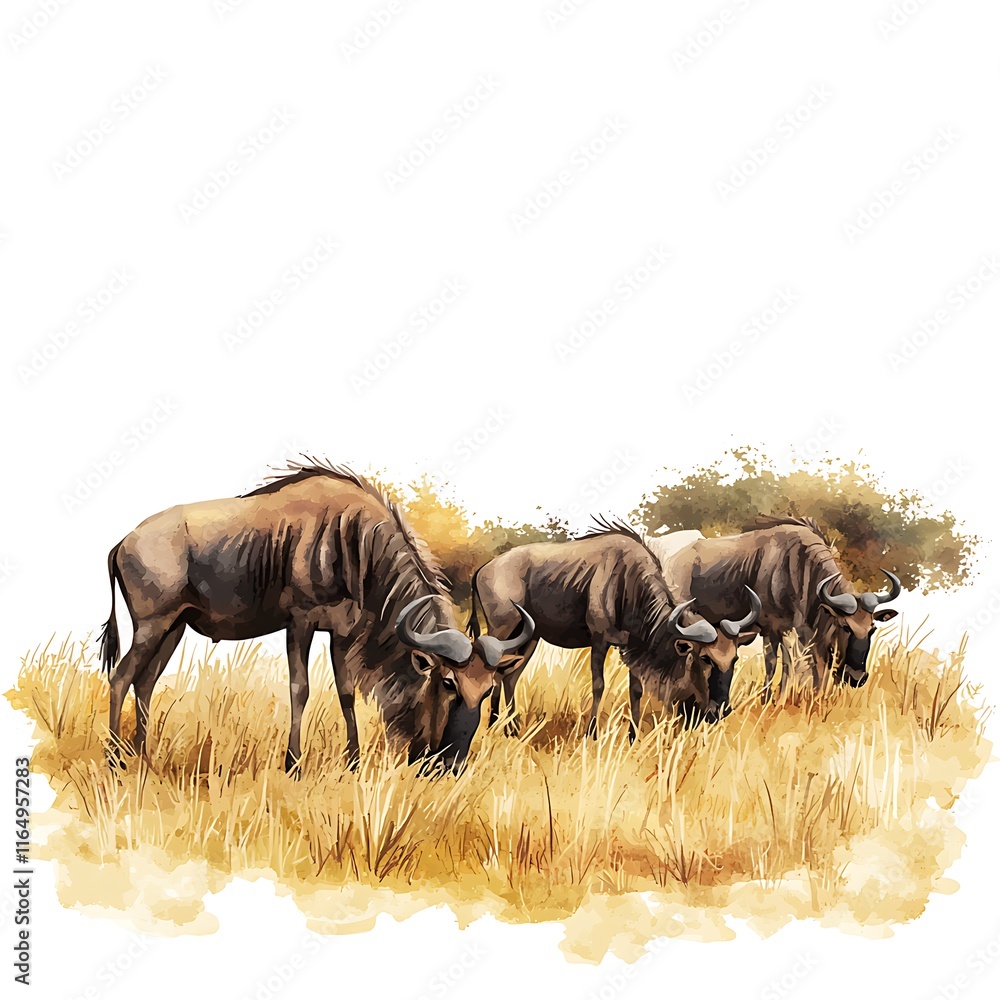 Fototapeta premium A Watercolor Painting of Three Wildebeest Grazing in the African Savanna.
