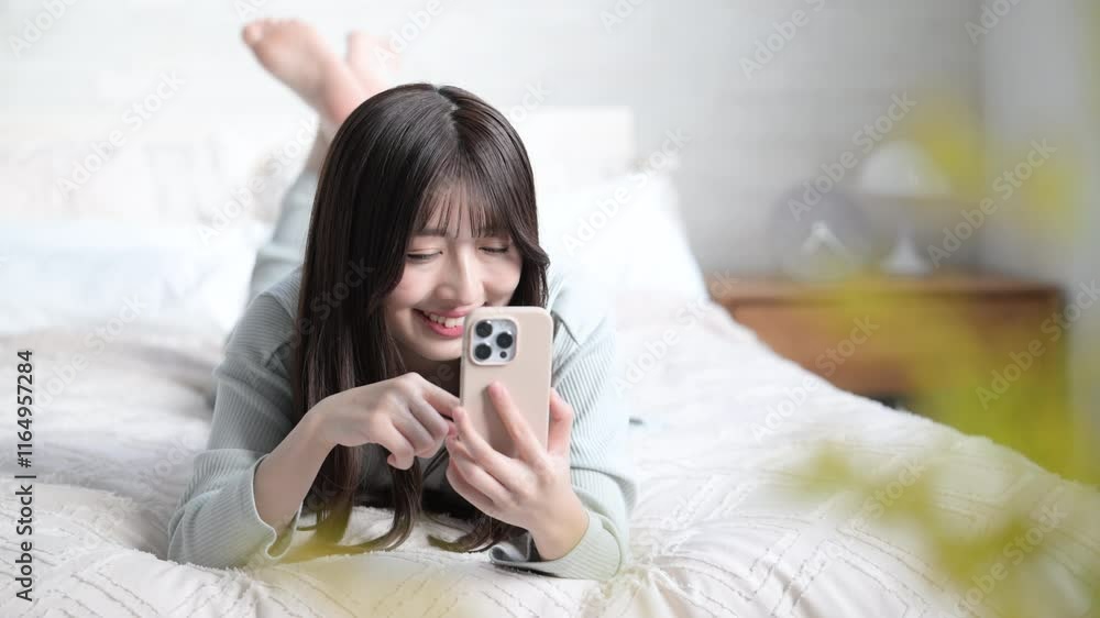 Video of a smiling young pretty woman lying on a bed and looking at her phone. Video of a smiling young pretty woman lying on a bed and looking at her phone.