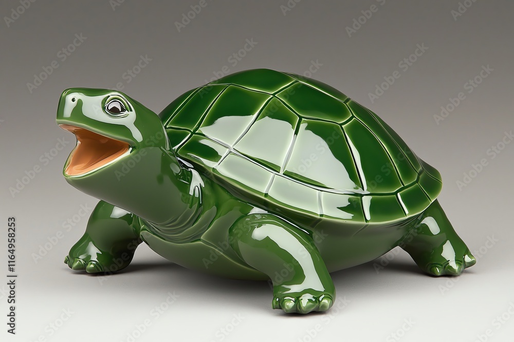 Obraz premium A vibrant green ceramic turtle sculpture with a smiling expression, showcasing a shiny finish and intricate shell details.