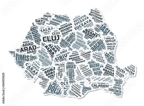 Romania shape text cloud. Country border with shadow on white background. Romania with regions division in vintage gazette style. Artistic vector illustration.