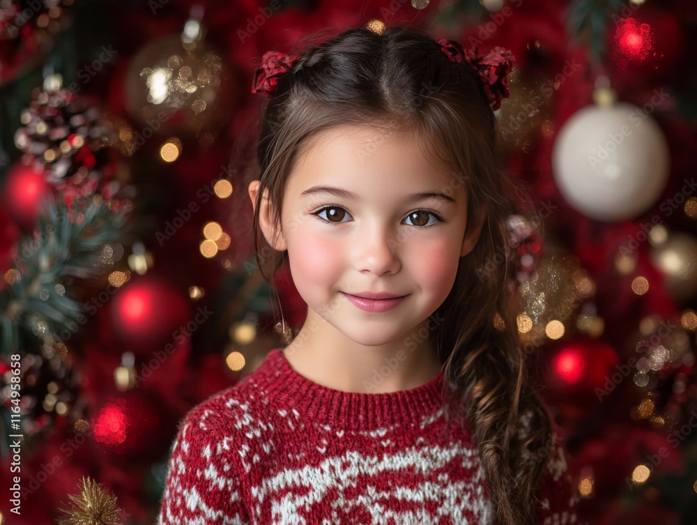 A young girl smiles in front of a festive, decorated Christmas backdrop. A young girl smiles in front of a festive, decorated Christmas backdrop.